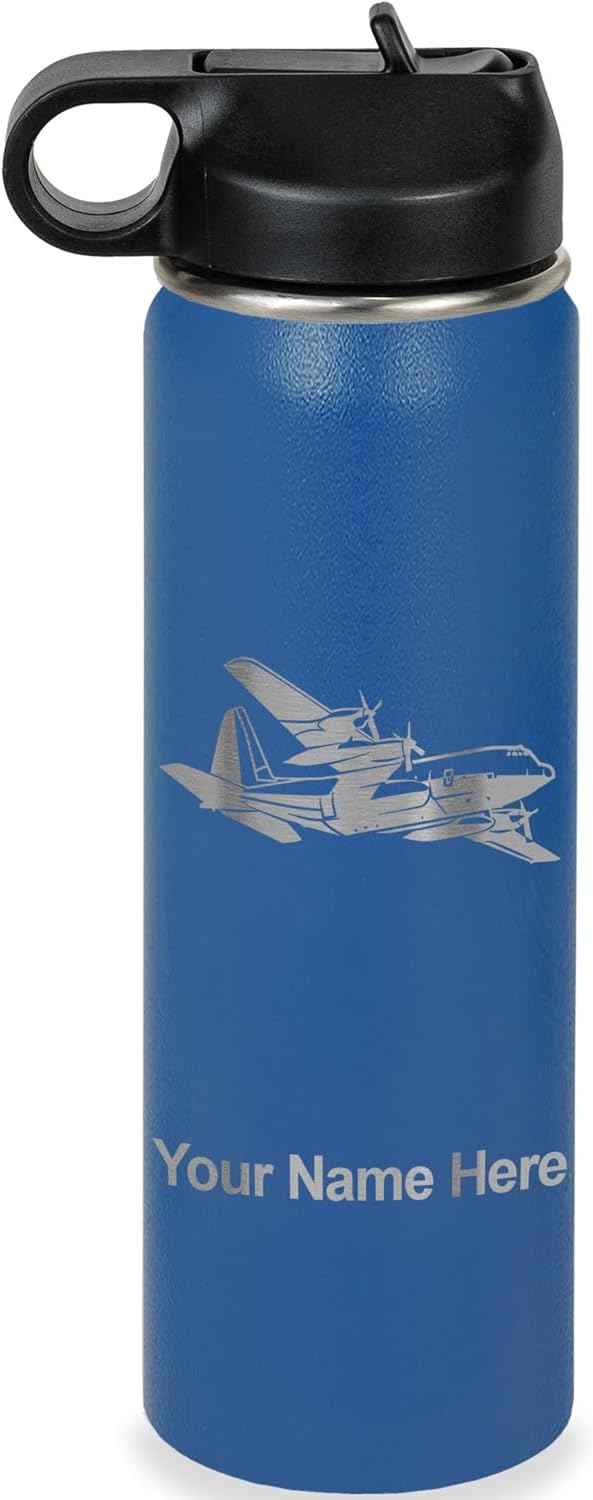 LaserGram Personalized Water Bottle, Cargo Airplane, Stainless Steel Double Wall Vacuum Insulated with Flip Top Straw, Custom Engraved Gift (20oz / 590ml Dark Blue)