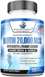 Biotin 20,000mcg with Keratin, Organic Coconut and Zinc, Hair Growth Supplements, Biotin Supplements, Healthy Hair Skin & Nails for Adults, No Filler, No Stearate, 120 Vegan Capsules, 120 Day Supply