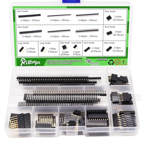 Ruibapa 78 PCS 2.54mm Male and Female Pin Header Connector Assortment Kit Includes 9PCS Breakaway Pin Header and 69pcs Stackable Shield Header PCB Board Pin Header