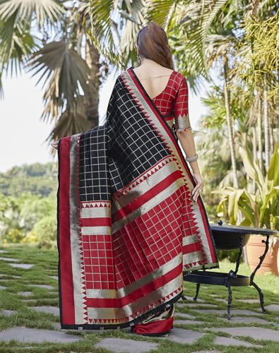 Image of Yashika Women's Banarasi Kanjivaram Art Silk Saree|Sarees for Women (AZ-YS-P1-CHECKS BLACK)