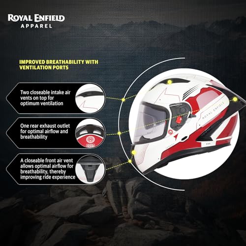 Image of Royal Enfield SPEEDX Full FACE Blitz with Sun Visor & aerodynamic Spoiler | Certification: ISI & DOT |Liner: Dual EPS Expanded Polystyrene| UV Treated Surface | Polygiene Fabric White &RED (L) 60 CM