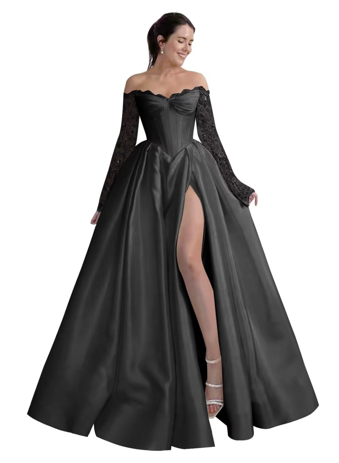 Off Shoulder Satin Prom Dresses Lace Wedding Dresses for Bride Long Sleeve Ball Gowns for Women Formal with Split