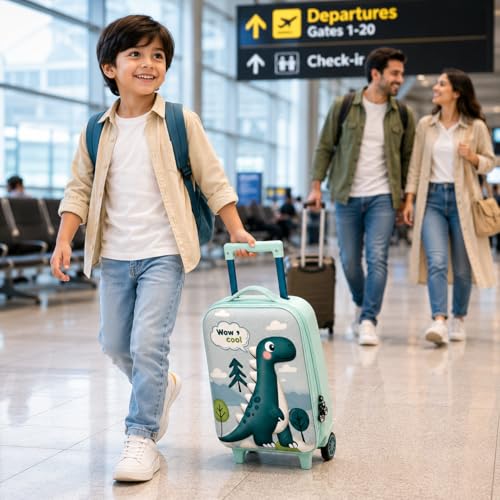 Image of PLUSPOINT Dinosaur Theme Kids Trolley Bag | 16 Inch Hard Shell Cabin Luggage with Wheels | Lightweight Travel Suitcase for Boys & Girls | School Trips, Vacations, Holidays & Weekend Travel