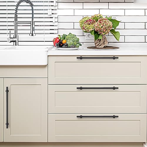 Image of Ravinte 15 Pack 12-5 /8 Inch Cabinet Pulls Kitchen Cupboard Handles with Round Base Matte Black Drawer Pulls Cabinet Handles 12-5 /8 inch Length,10 inch Hole Center