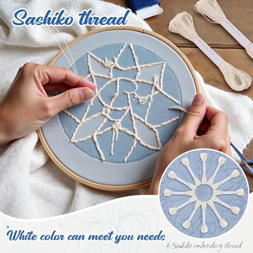 Image of Zeyune 12 Skeins White Sashiko Thread Kit 100% Cotton with Sashiko Needles 20m(21.8yds) Thread for Hand Quilting and Embroidery Projects Pick Stitching Denim