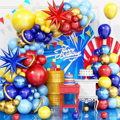 Image of Red Blue Yellow Balloon Arch Kit, 120 Pcs Carnival Circus Balloon Garland Kit, Red Metallic Blue Gold Balloon with Explosion Star Foil Balloons for Kids Birthday Carnival Theme Party Decorations