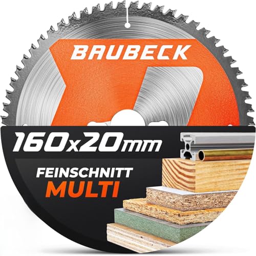 BAUBECK Lama per sega 160 x 20 + adattatore 16 mm, 60T, 1,5 mm, taglio sottile in legno e alluminio, compatibile con Festool TS 55 / ATF 55 E, Bosch PKS 55 A/PKS 54, lama circolare 160 x 20, lama 160