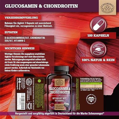 Glucosamin Chondroitin Hochdosiert -2630mg pro Tagesdosis- mit Vitamin C für eine normale Kollagenbildung* für Knochen & Knorpelfunktion -Hochdosiert- Laborgeprüft DE SCHEUNENGUT®