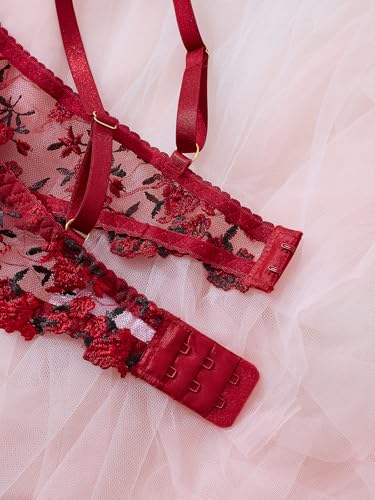 Image of Sexy Floral Embroidered Flower Mesh Underwire Push Up Lingerie Set