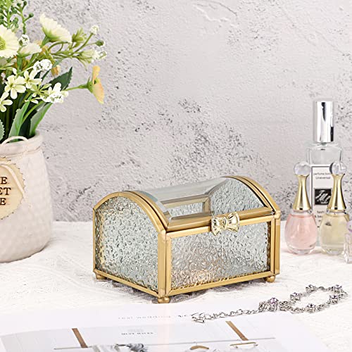 Elldoo Gold Vintage Glass Jewelry Box With Clear Lid Diamond Pattern Treasure Chest Box Rectangle Keepsake Box Trinket Box, Small Size #TOP5