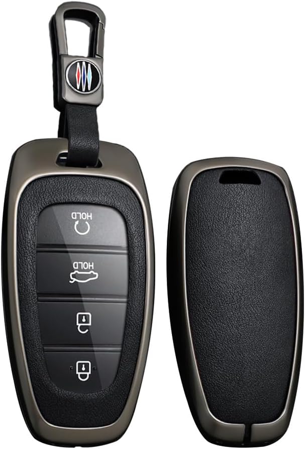 Key fob Cover Metal Frame Car Key Case Protector with Keychain Leather Fit For Hyundai Santa fe 3/4/5/6/7/8 Buttons