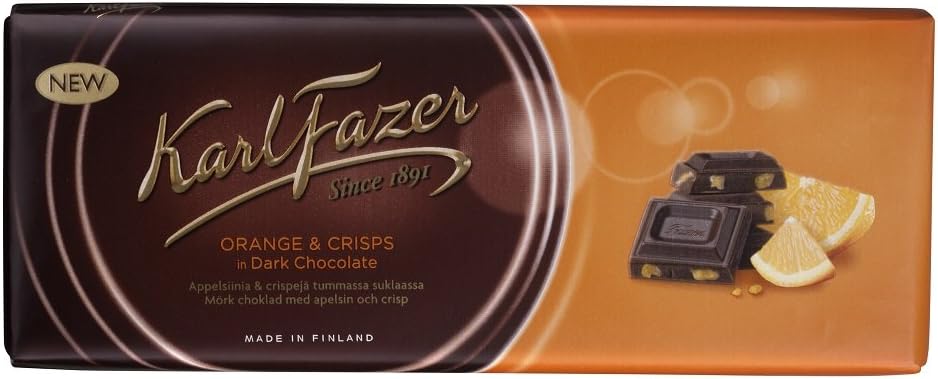 Karl Fazer Blue ORANGE & CRISPS in Finnish Dark Chocolate Bar 200g (7,05oz)