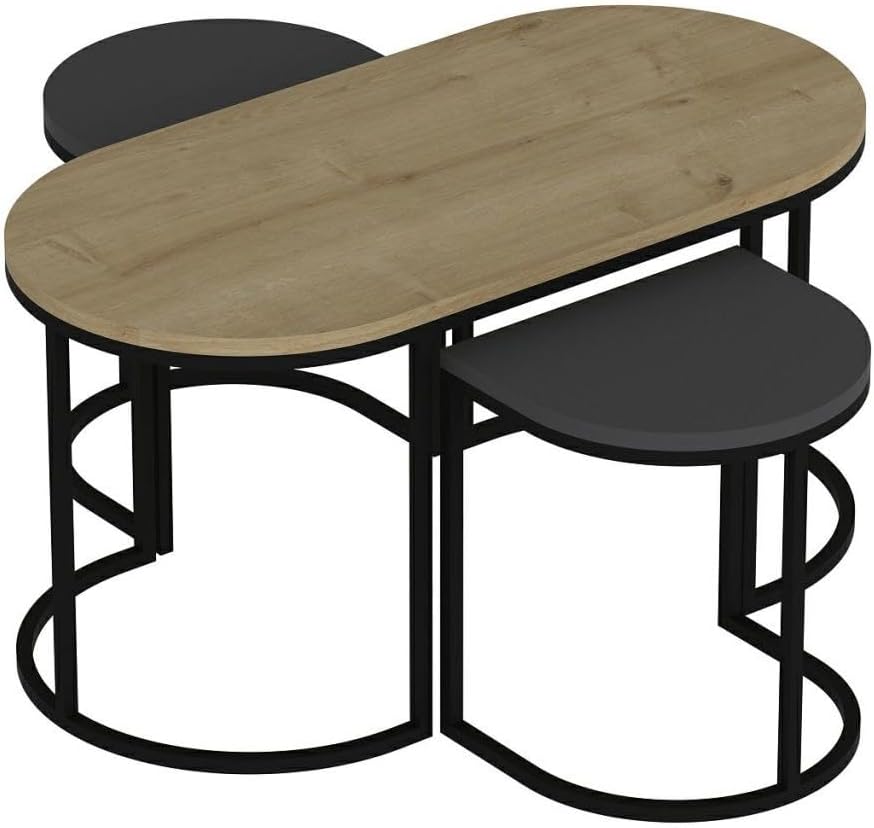 Stylish Nesting Table Set (3 Pieces), Oak & Anthracite, 90 x 45 x 45 cm & 35 x 40 x 30 cm, 100% Melamine Coated, 18 mm Thick, Metal Frame, Ideal for Modern Living Spaces
