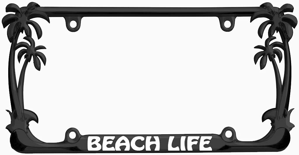 Beach Life Palm Tree Design Black Metal Auto License Plate Frame Car Tag Holder
