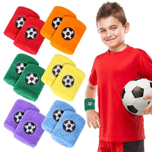 JarThenaAMCS 24Pcs Sports Wristbands for Kids Soccer Pattern Wrist Sweatbands 6 Colors Terry Cloth Athletic Wristbands for School Students Teachers Sports Birthday Party Favor Gifts