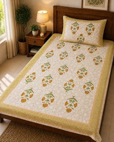 Image of Mafatlal 144 TC Pure 100% Cotton Twin Bed Sheet with Pillow Cover | 90x60 inches | Bedcover for Single Size Bed, Jaipuri Prints | Light Yellow