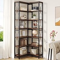 Tribesigns Corner Bookshelf, 7-Tier Industrial Corner Bookcase, Wood and Metal Corner Etagere Shelf, Freestanding Display Shelf for Living Room, Kitchen, Home Office (Rustic Brown)