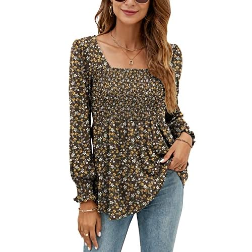 LOMON Blouses for Women Puff Long Sleeve Shirts Square Neck Casual Smocked Tunic Tops 2024 Spring Fall Winter Clothes S-XL Apricot Army Green Floral Small