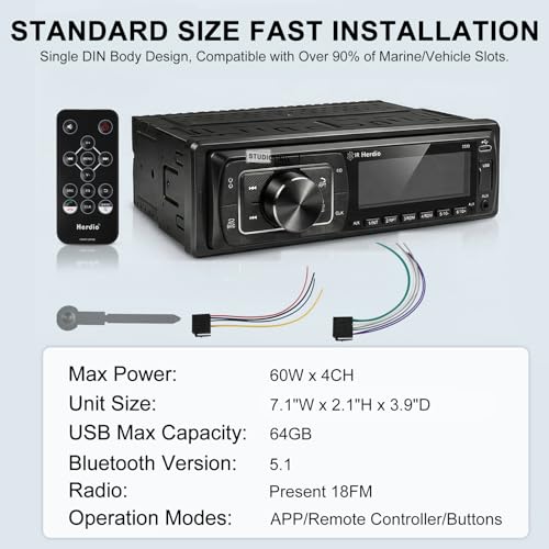 Herdio 240W Bluetooth Marine Stereo Receiver - Single DIN in-Dash AM/FM Radio with USB/AUX/MP3/Built-in Mic for Wireless Music Streaming & Hands-Free Calling (Black) by Herdio - Image 5