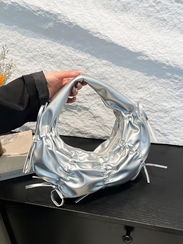 MakeMeChic Women's Bow Crescent Shoulder Bag Top Handle Ruched Y2k Underarm Bags3