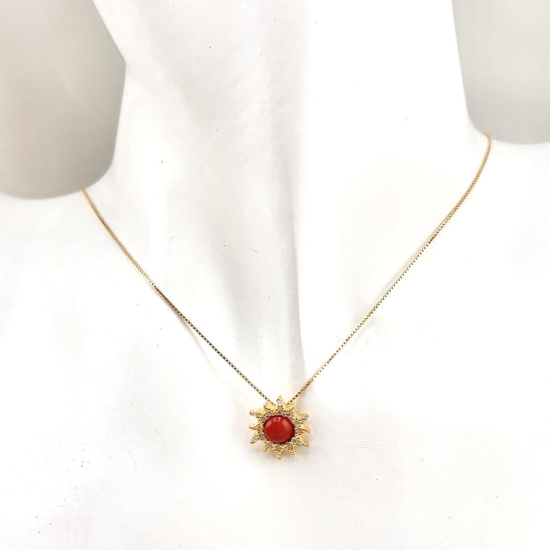 Catenina veneziana in argento 925 dorato ciondolo pendente sole con corallo rosso naturale argento e zirconi bianchi incastonati gioiello unico artigianale made in italy