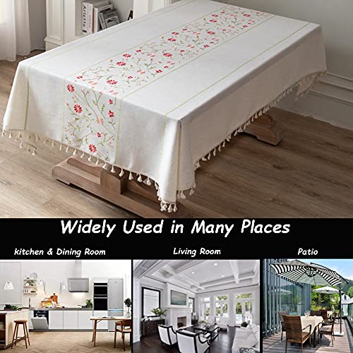 Amzali Table Cloth Embroidery Floral Pattern Wrinkle Free Heavy Weight Cotton Linen Farmhouse Tablecloth Decorative Fabric Tassel Table Cover For Outdoor And Indoor Use thumb #4