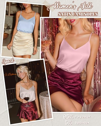 Image of 3 Pack Women's Silk Satin Camisoles V Neck Tank Tops | 95% Polyester, 5% Spandex, Adjustable Spaghetti Strap, Loose Blouse, Daily Wear, Sleeveless, Classic V Neck