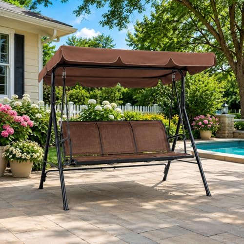 Image of Yaheetech 3-Seat Patio Swing Chair w /Texteline Fabric Ez Setup, Dark Brown | Weatherproof Material, Adjustable Sunshade, Removable Cushions, Lounge Seating, Sturdy Frame for Garden, Pool, Yard, Porch