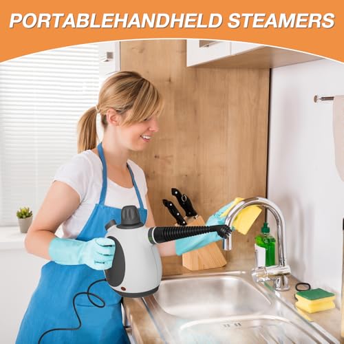 Image of Handheld Steam Cleaner, Pressurized Multi-Purpose Natural Steamer with 12 pcs Accessories, Steamer for Cleaning Car, Countertop Bathroom, Shower, Upholstery, Couch, Tile Grout, Window, Grease