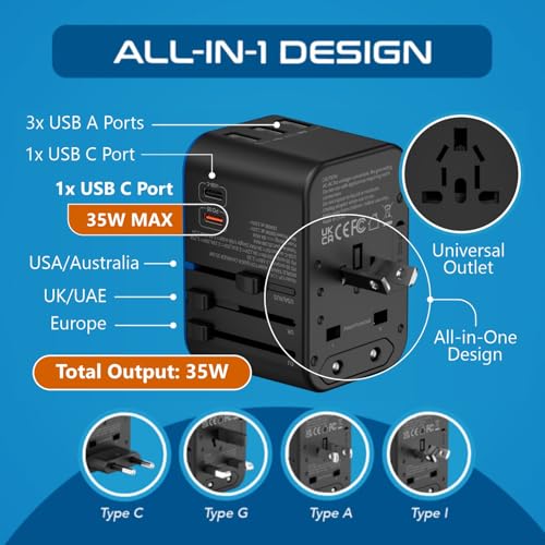 image for Ceptics Universal Travel Adapter, 35W International Power Adapter with