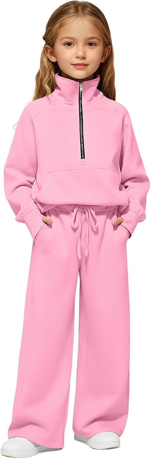 Girls Tracksuit Mock Neck Sweatshirts Fleece Half Zip Sweatsuit Long Sleeve Pullover Sweatpants 2 Piece Sets