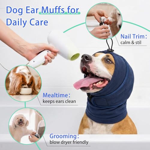 Image of MIGOHI Small Dog Ear Muffs Lightweight, Calming Hoodie for Fireworks & Thunderstorms, No Shake Ear Wrap Dog Hematoma, Soft Adjustable Head Cover for Dogs Bath Grooming, Chihuahua Yorkie, Blue S