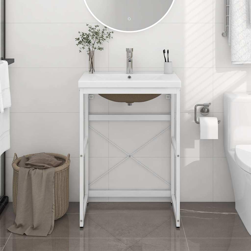 Mueble de baño con lavabo empotrado blanco de hierro pulverizado, 59 x 38 x 83 cm, lavabo moderno con rebosadero, espacio para toallas y cosméticos