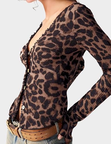 Women's Leopard Print Cardigan V Neck Button Down Cropped Shrug Lightweight Stretchy Fit Y2K Fashion Clothes for Women2