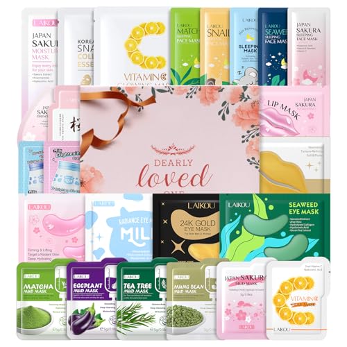 Kit de Mascarillas Faciales, 24 piezas Cuidado Facial Adolescente Kit Regalo, con Mask Facial + Mascarillas Faciales Nocturnas + Mascarillas de Barro + Cremas + Parches Ojos + Parches Labiales