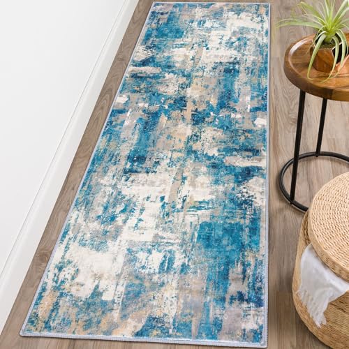 KOZYFLY Modern Abstract Runner Rug 2x6 Turquoise/Beige/Grey/Yellow Runners for Hallways Kitchen Rug Non Slip Washable Carpet Rug Runner Laundry Mat with Soft Low Pile for Entryway Bathroom Bedroom