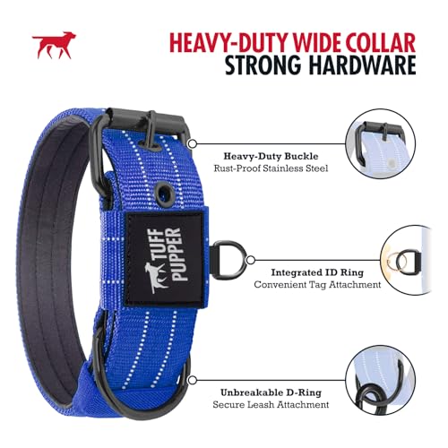 Image of Tuff Pupper Heavy Duty Tactical Dog Collar | 1.25 inch Wide Ballistic Nylon | Reflective Stitching | Integrated ID Tag Holder | Stainless Steel Buckle | Padded Lining | Small & Medium Dogs (Blue, Small)