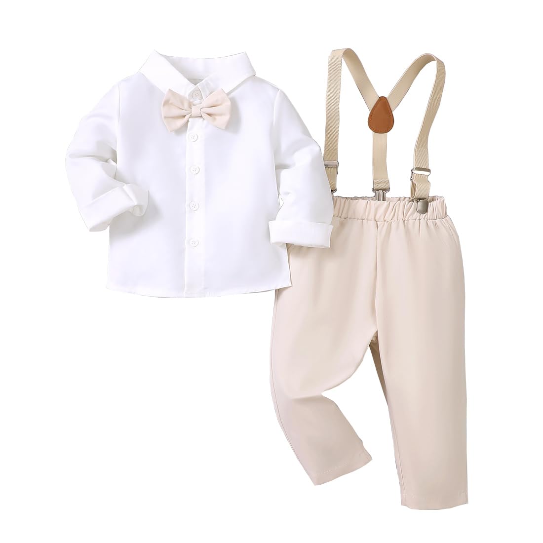 Citridarll Infant Baby Boy Clothes Gentleman Outfits Suits Long Sleeve Bowtie Top Shirts + Suspender Pants Toddler Formal Outfit, 6-9 Months, Beige