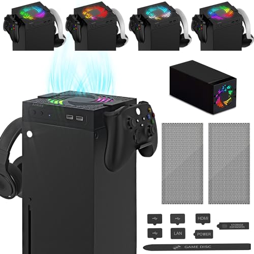 Ankey Ventilador de refrigeración automático para consola Xbox Series X, sistema de ventilador de refrigeración controlado por temperatura, 2 soportes para controlador, auriculares, luz RGB colorida