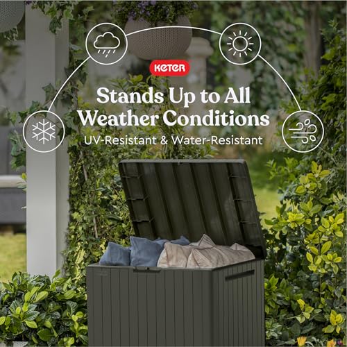 Image of Keter City 30 Gallon Resin Outdoor Storage Box and Patio Furniture Side Table for Pool and Garden Accessories, Taupe