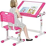 FDW Kids Desk Children Writing Student Desk Drafting Table Height Adjustable Study Table and Chair with Drawers Storage，Pink