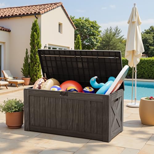 Image of Greesum Outdoor Storage Box 120 Gallon Storage Bin with Lid for Patio Furniture, Garden Tools, Pool Supplies, Lockable, Waterproof and UV Resistant, Dark Brown