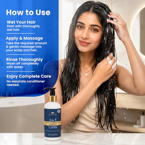 Image of 3-in-1 Hard Water Detox Shampoo+Conditioner+Oil 200ml for Men & Women | Reduces Mineral Build-Up Frizz & Hair Breakage | Disodium EDTA Argan Jojoba & Coconut Oil | Sulphate & Paraben Free
