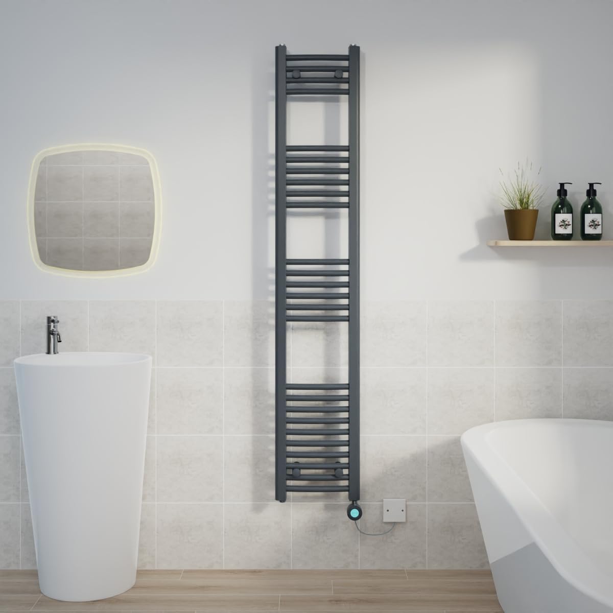 Warmehaus Anthracite Electric Heated Towel Rail Curved Thermostatic Bathroom Towel Radiator With Timer - 1600X300mm 800W