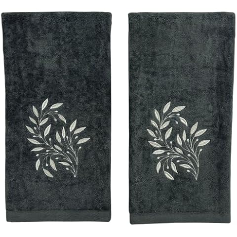 Serafina Home Bath Hand Towels Bathroom Decor Farmhouse: Grey Gray Cotton Towels with Embroidered White Ornate Leaves, 2 Piece Set Cover