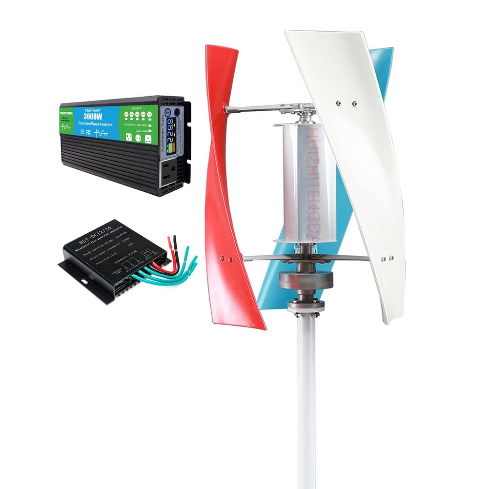 Kit Verticale di Turbina Eolica 3000W Generatore di Maglev Permanente 12V-220V con Inverter di Potenza E Regolatore di Carica Eolica Adatto per Uso All'aperto E nel Cortile (3 Lame)