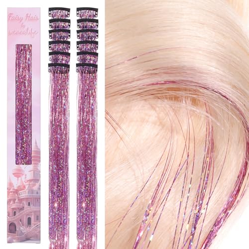 Image of WENNALIFE Hair Tinsel kit for Girls, Clip in Pink, 12PCS 24 Inch Hair Accessories for Women Clip in Colorful Glitter Tinsel Hair Fairy Girls Hair Accessories for Kids