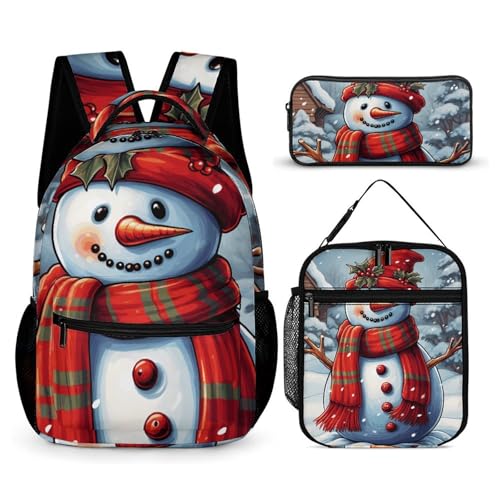 Red Snowman Scraf Backpack Set Lightweight Bag Lunch Box Pencil Bags for Women Men Bookbags 3 in 1