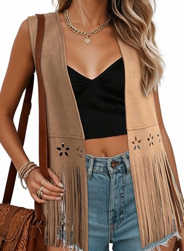 Dokotoo Womens Fashion 2026 Western Outfit Cowboy Chic Fringe Vest 70s Theme Birthday Party Boho Hippie Costume Rodeo Hollow Out Cowgirl Country Concert Outfits for Women Vests Khaki Small