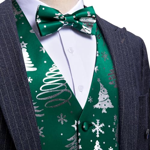 Barry.Wang Mens Christmas Vest Red Green Xmas Tree Snowman Snowflake Festival Suit Waistcoat Bow Tie Set Holiday2